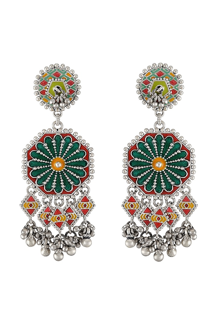 Oxidised Silver Finish Enameled Earrings In Sterling Silver by Tribe Amrapali at Pernia's Pop Up Shop