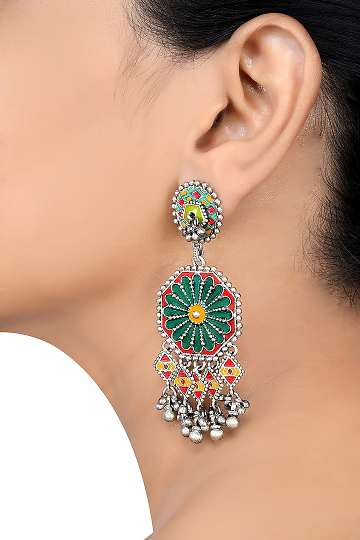 Oxidised Silver Finish Enameled Earrings In Sterling Silver by Tribe Amrapali at Pernia's Pop Up Shop