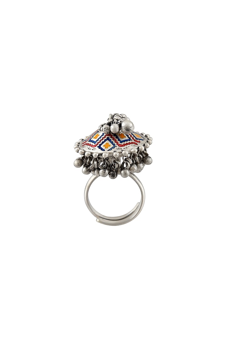 Oxidised Silver Finish Enameled Ring In Sterling Silver by Tribe Amrapali