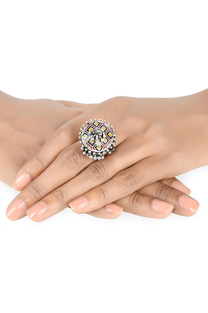 Oxidised Silver Finish Enameled Ring In Sterling Silver by Tribe Amrapali at Pernia's Pop Up Shop