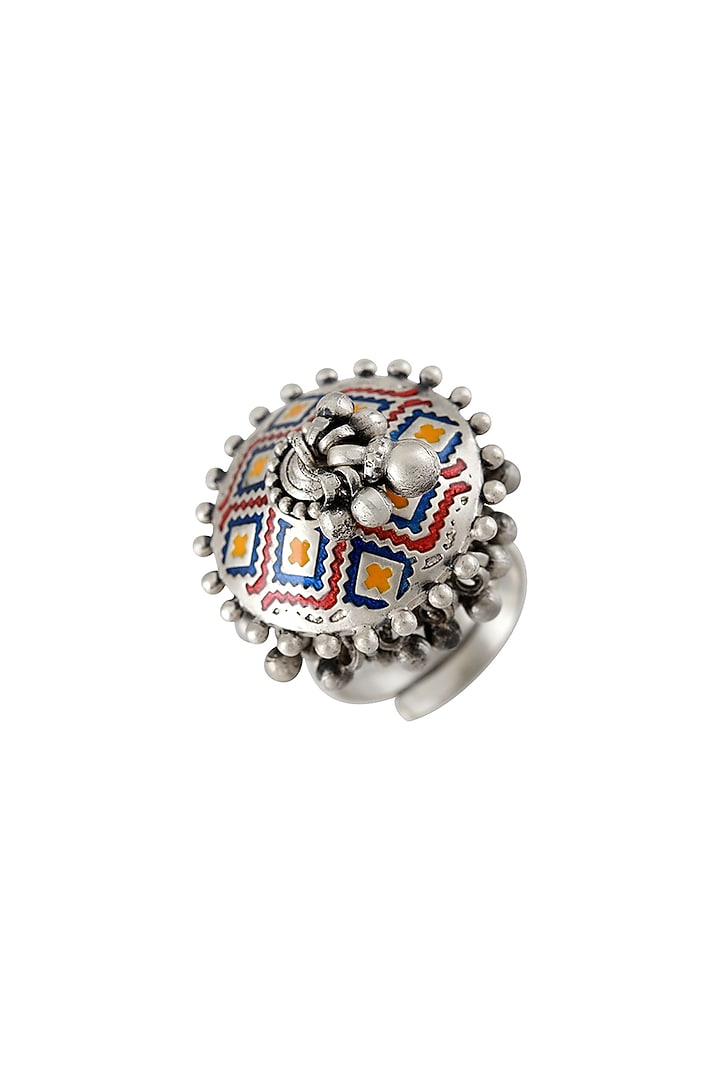 Oxidised Silver Finish Enameled Ring In Sterling Silver by Tribe Amrapali at Pernia's Pop Up Shop