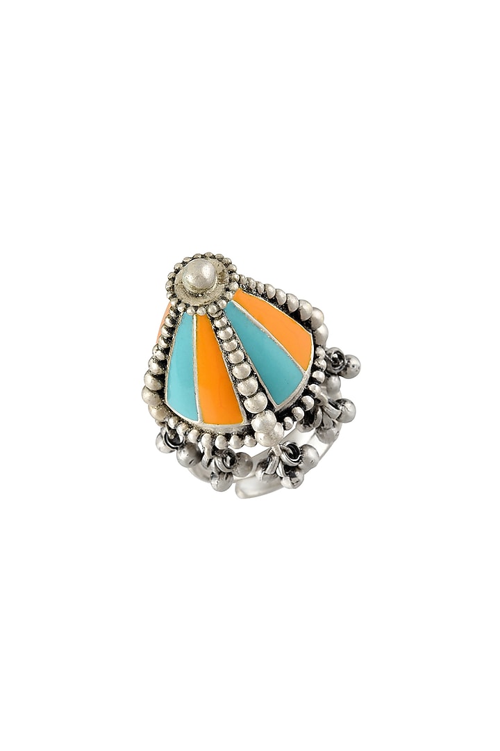 Oxidised Silver Finish Ghungroo Enameled Ring In Sterling Silver by Tribe Amrapali at Pernia's Pop Up Shop