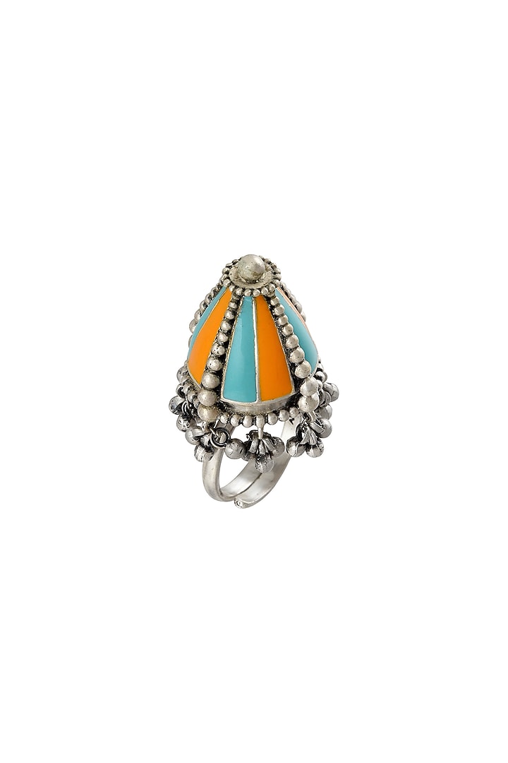 Oxidised Silver Finish Ghungroo Enameled Ring In Sterling Silver by Tribe Amrapali at Pernia's Pop Up Shop