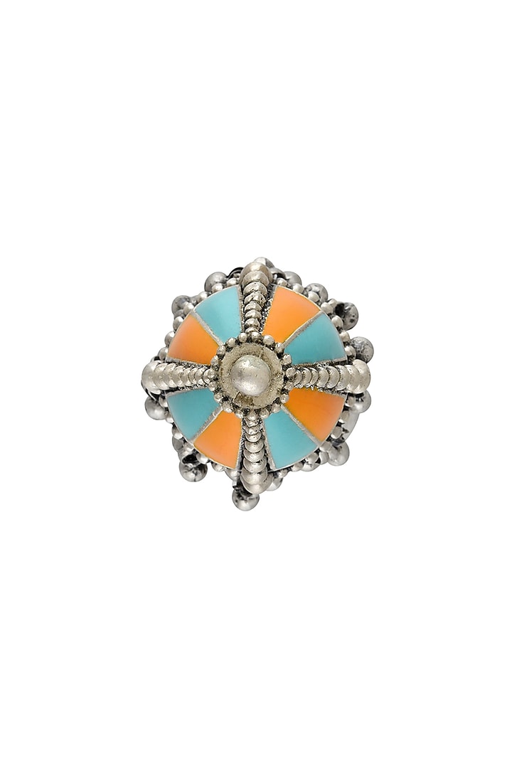 Oxidised Silver Finish Ghungroo Enameled Ring In Sterling Silver by Tribe Amrapali at Pernia's Pop Up Shop