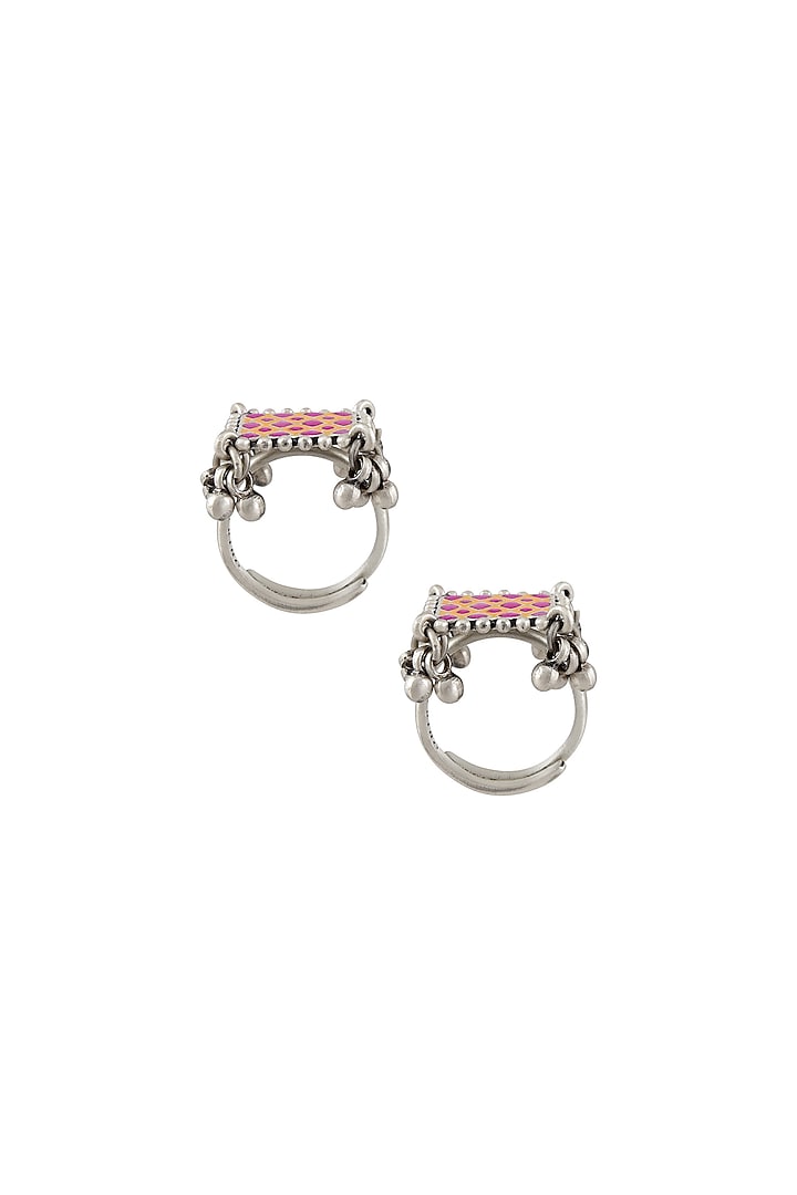 Oxidised Silver Finish Ghungroo Enameled Toe Ring In Sterling Silver (Set of 2) by Tribe Amrapali