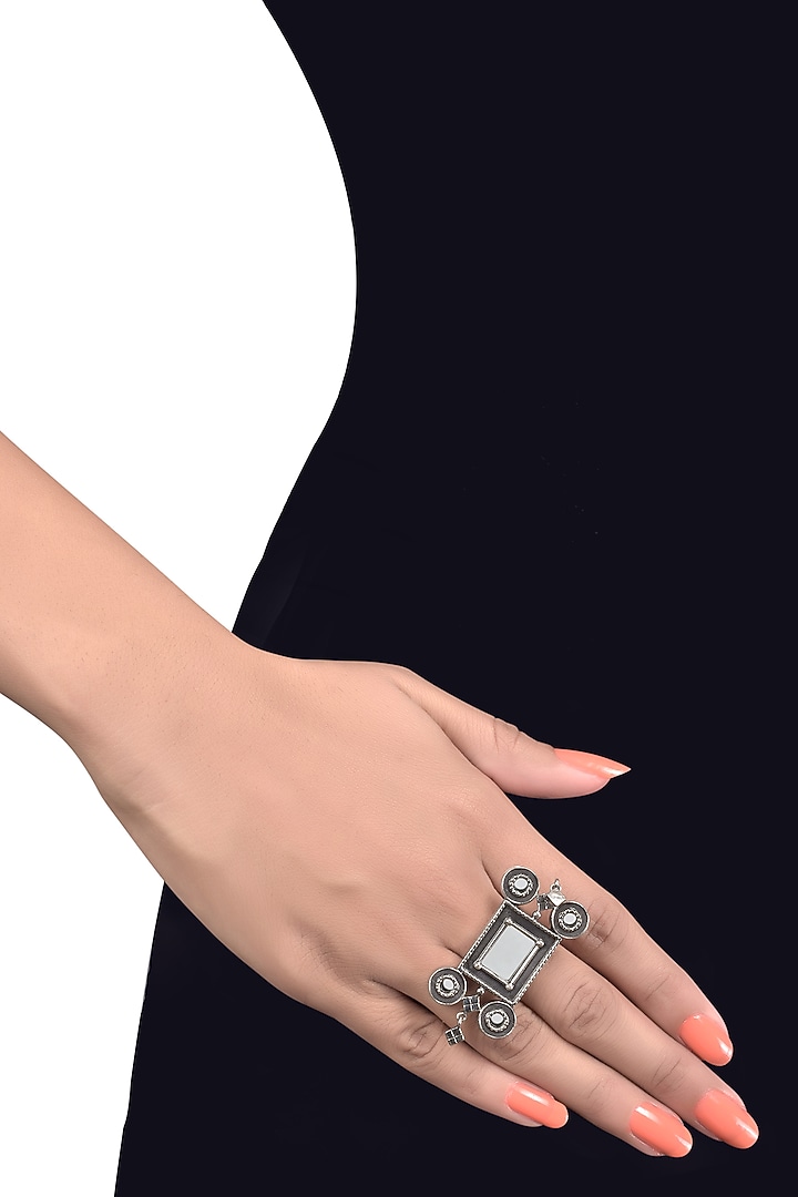 White Finish Oxidised Square Ring In Sterling Silver by Tribe Amrapali at Pernia's Pop Up Shop