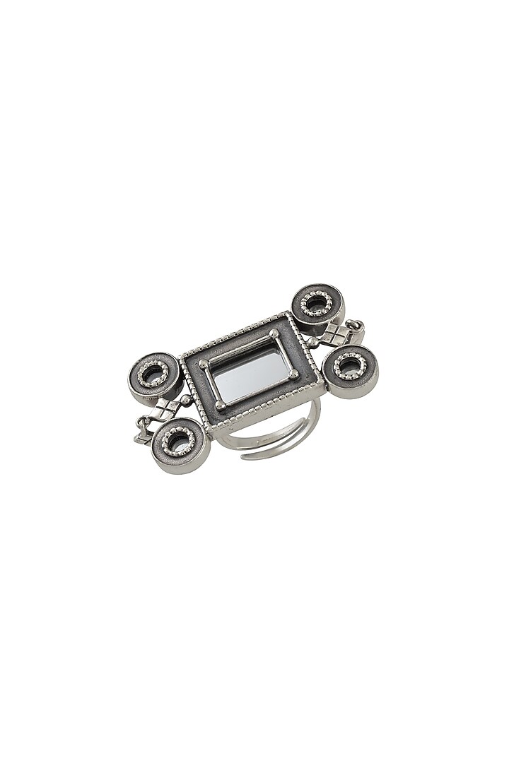 White Finish Oxidised Square Ring In Sterling Silver by Tribe Amrapali at Pernia's Pop Up Shop