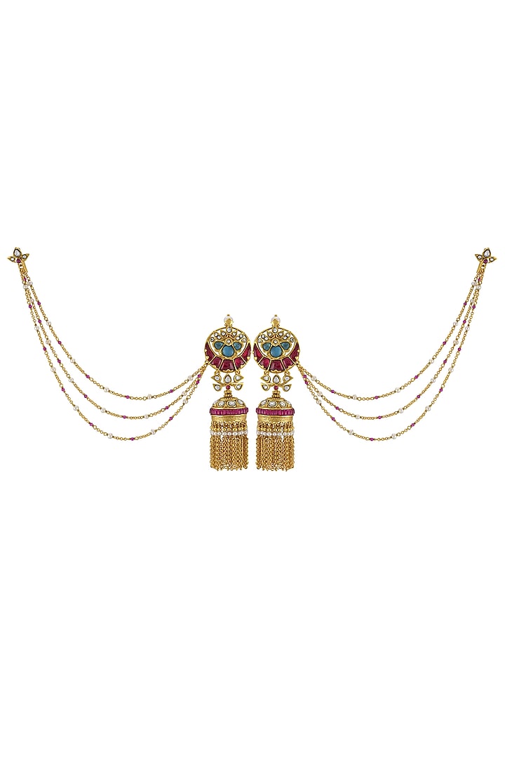 Gold Finish Hair Chain Jhumkas In Sterling Silver by Tribe Amrapali at Pernia's Pop Up Shop