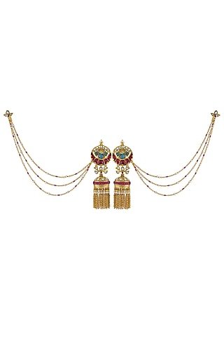 Gold Finish Hair Chain Jhumkas In Sterling Silver by Tribe Amrapali