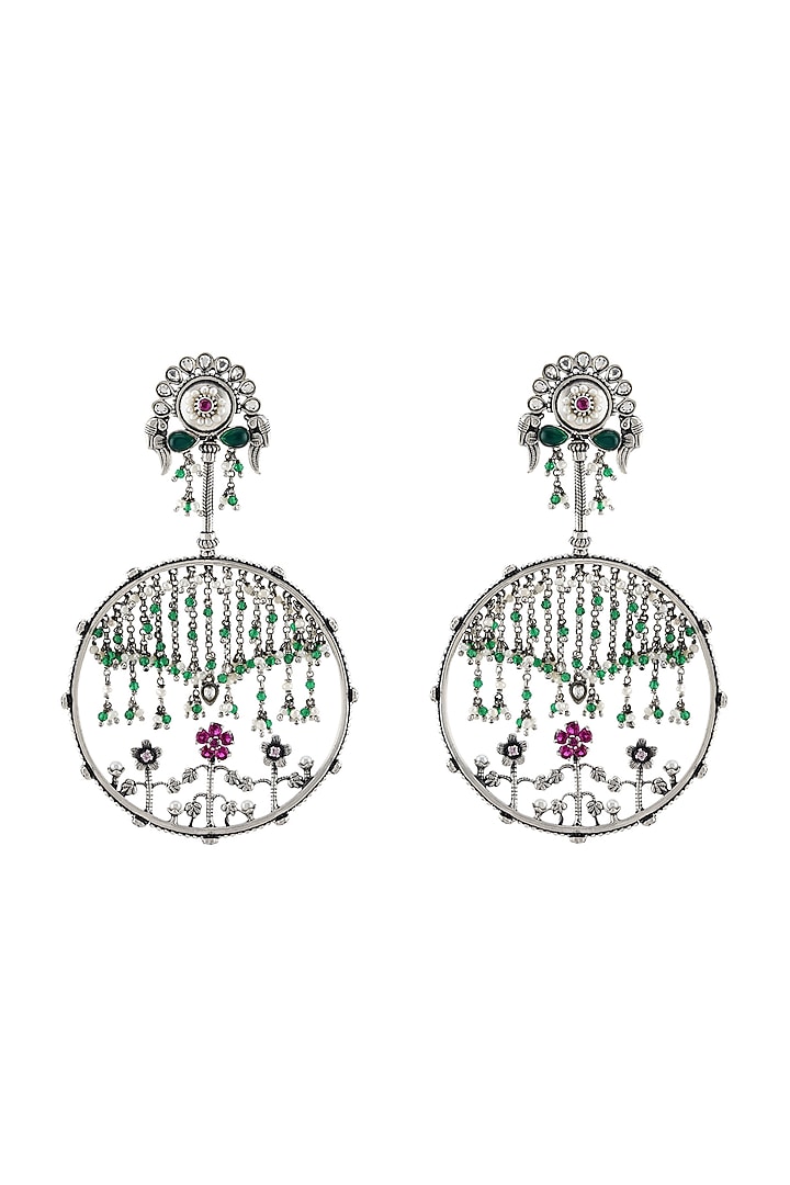 White Finish Handcrafted Floral Motifs Earrings In Sterling Silver by Tribe Amrapali at Pernia's Pop Up Shop