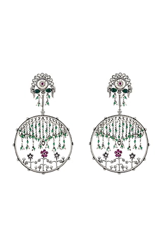 White Finish Handcrafted Floral Motifs Earrings In Sterling Silver by Tribe Amrapali