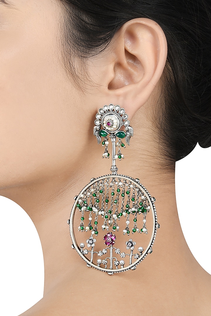 White Finish Handcrafted Floral Motifs Earrings In Sterling Silver by Tribe Amrapali at Pernia's Pop Up Shop