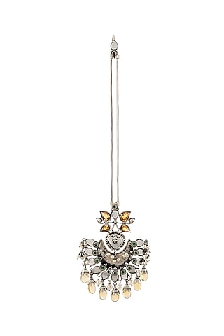 White Finish Pearl & Mirror Maang Tikka In Sterling Silver by Tribe Amrapali
