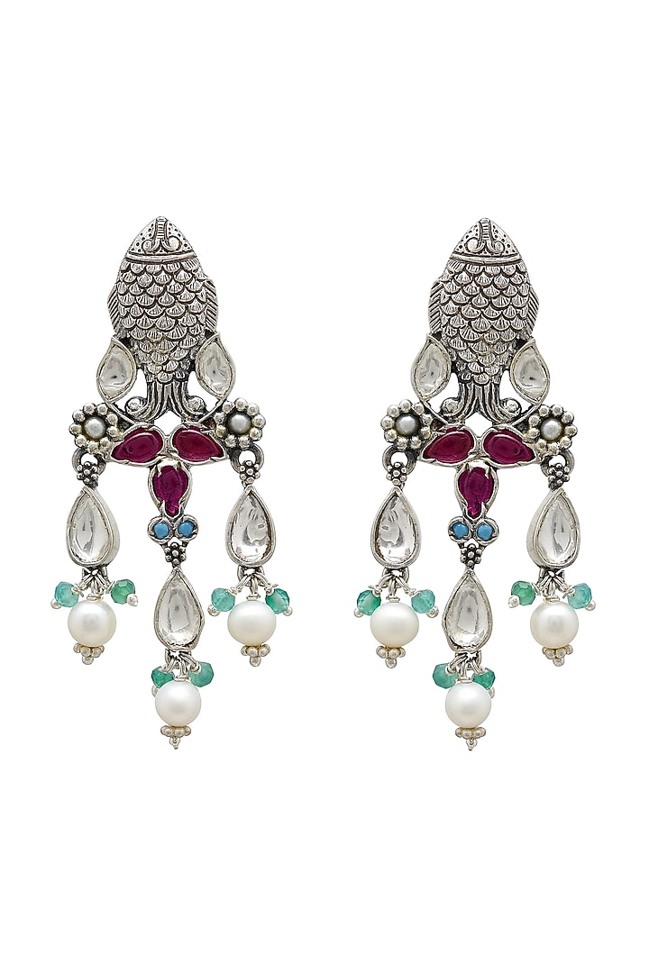 White Finish Floral Motifs Oxidized Earrings In Sterling Silver by Tribe Amrapali at Pernia's Pop Up Shop