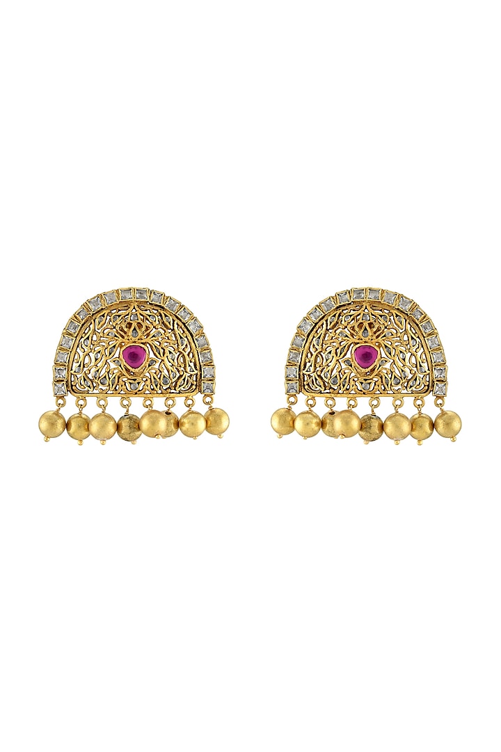 Gold Finish Handcrafted Stud Earrings In Sterling Silver by Tribe Amrapali