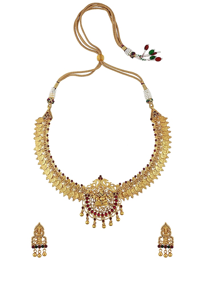 Gold Finish Handcrafted Motifs Necklace Set In Sterling Silver by Tribe Amrapali