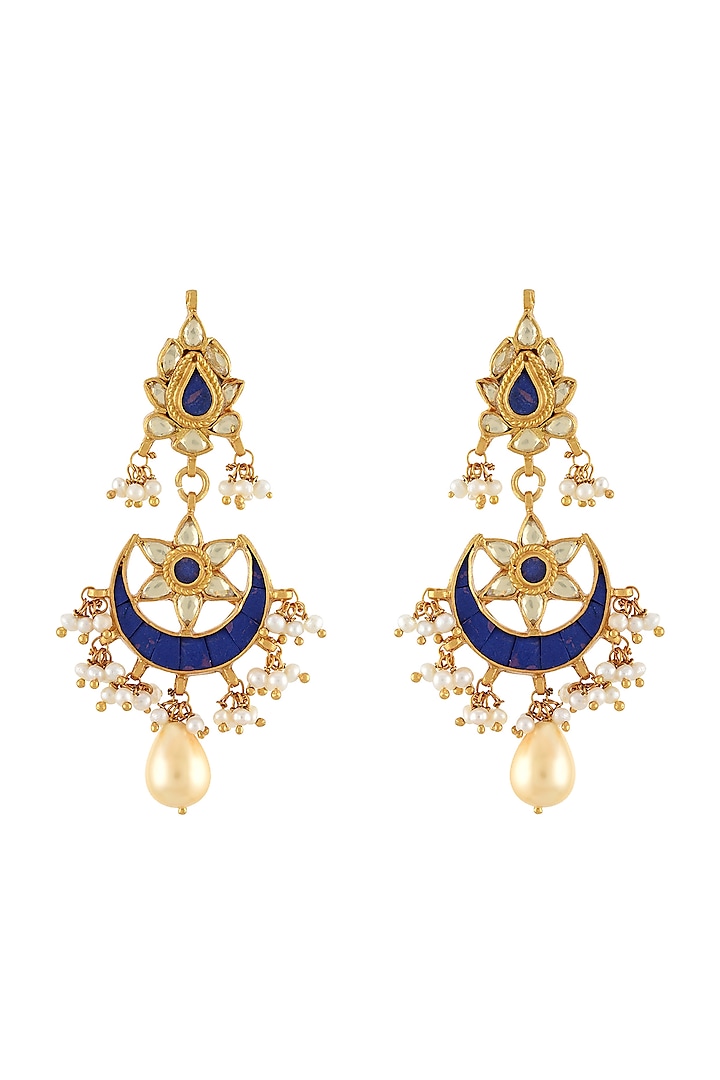 Gold Finish Handcrafted Lapis & Pearl Chandbali Earrings In Sterling Silver by Tribe Amrapali