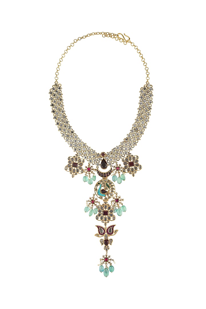 Gold Finish Handcrafted Floral Motifs Necklace In Sterling Silver by Tribe Amrapali at Pernia's Pop Up Shop