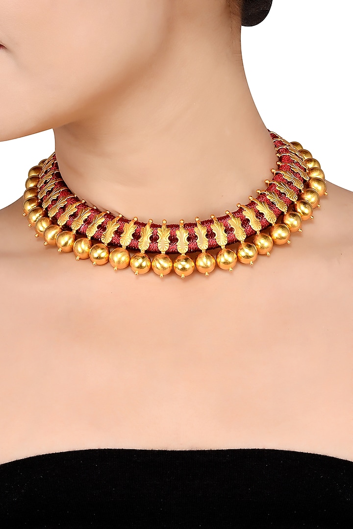 Gold Finish Handcrafted Beaded Necklace In Sterling Silver by Tribe Amrapali at Pernia's Pop Up Shop