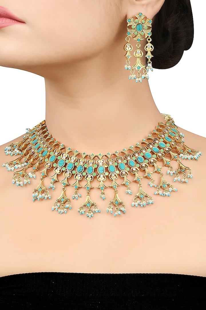 Gold Plated Turquoise Necklace Set by Tribe Amrapali at Pernia's