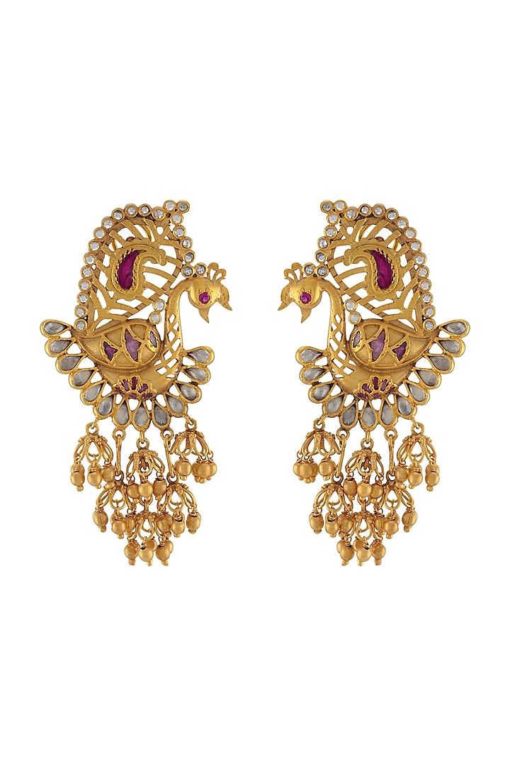 Gold Plated Pink & White Glass Earrings by Tribe Amrapali
