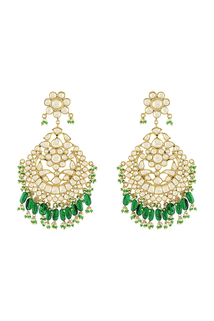Gold Plated Green Beaded Enameled Pearl Earrings by Tribe Amrapali