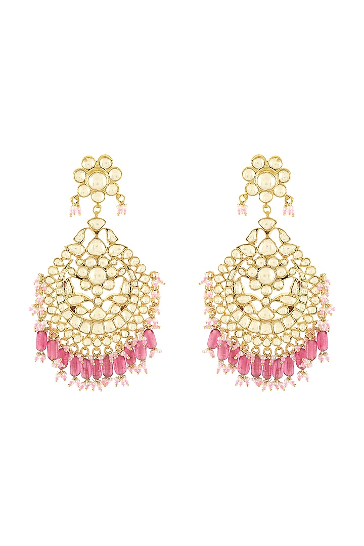 Gold Plated French Pink Beaded Earrings by Tribe Amrapali
