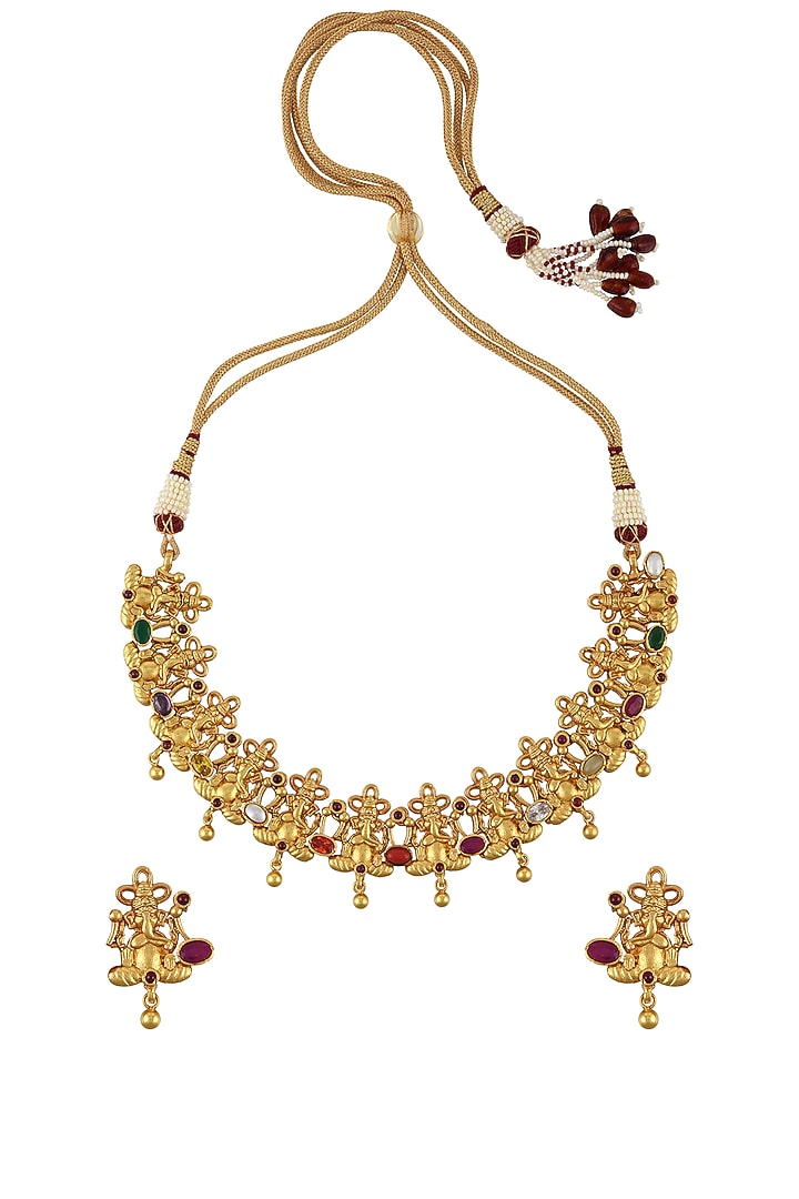 Gold Plated Gemstones Necklace Set by Tribe Amrapali at Pernia's Pop Up Shop