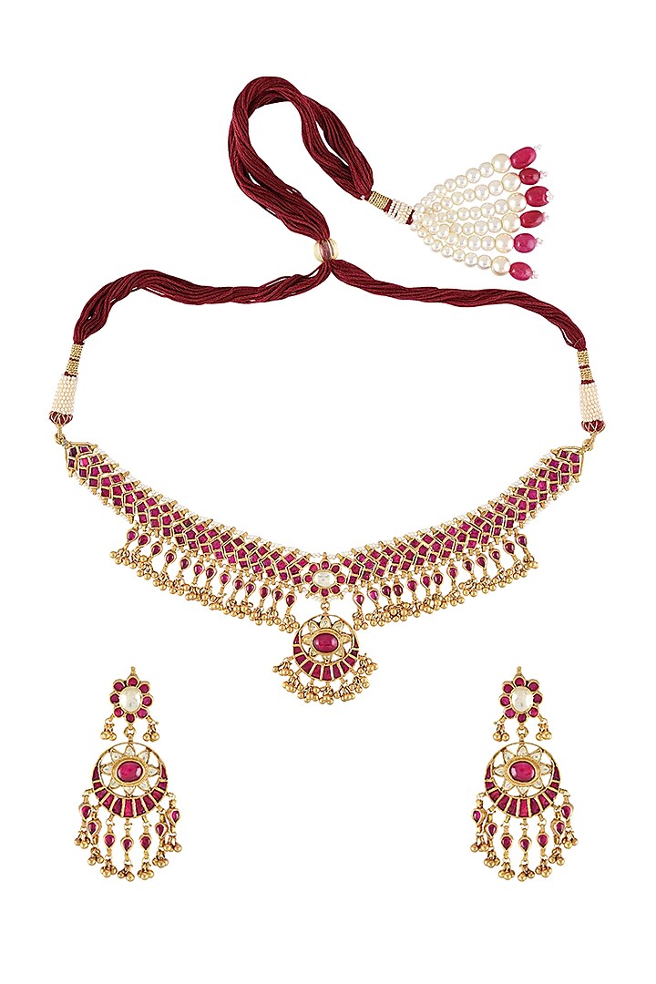 Gold Finish Handcrafted Pearl & Glass Stone Necklace Set In Sterling Silver by Tribe Amrapali