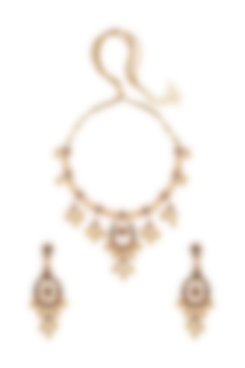 Gold Finish Pearl & Glass Stone Necklace Set In Sterling Silver by Tribe Amrapali