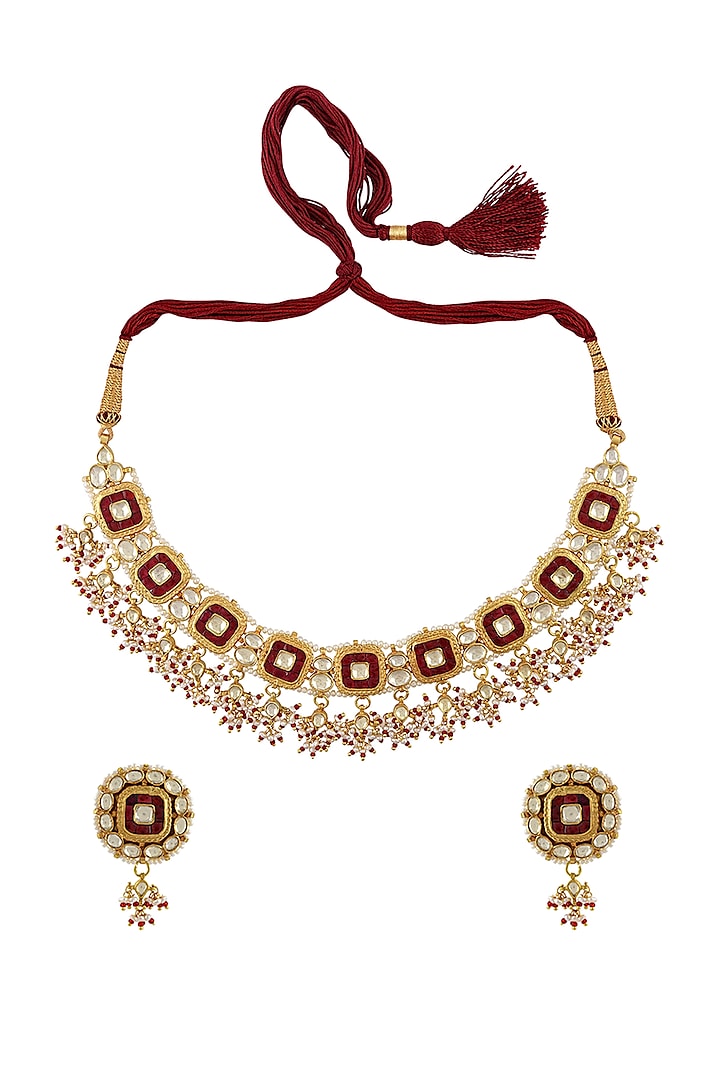 Gold Finish Glass Stone & Pearl Handcrafted Necklace Set In Sterling Silver by Tribe Amrapali