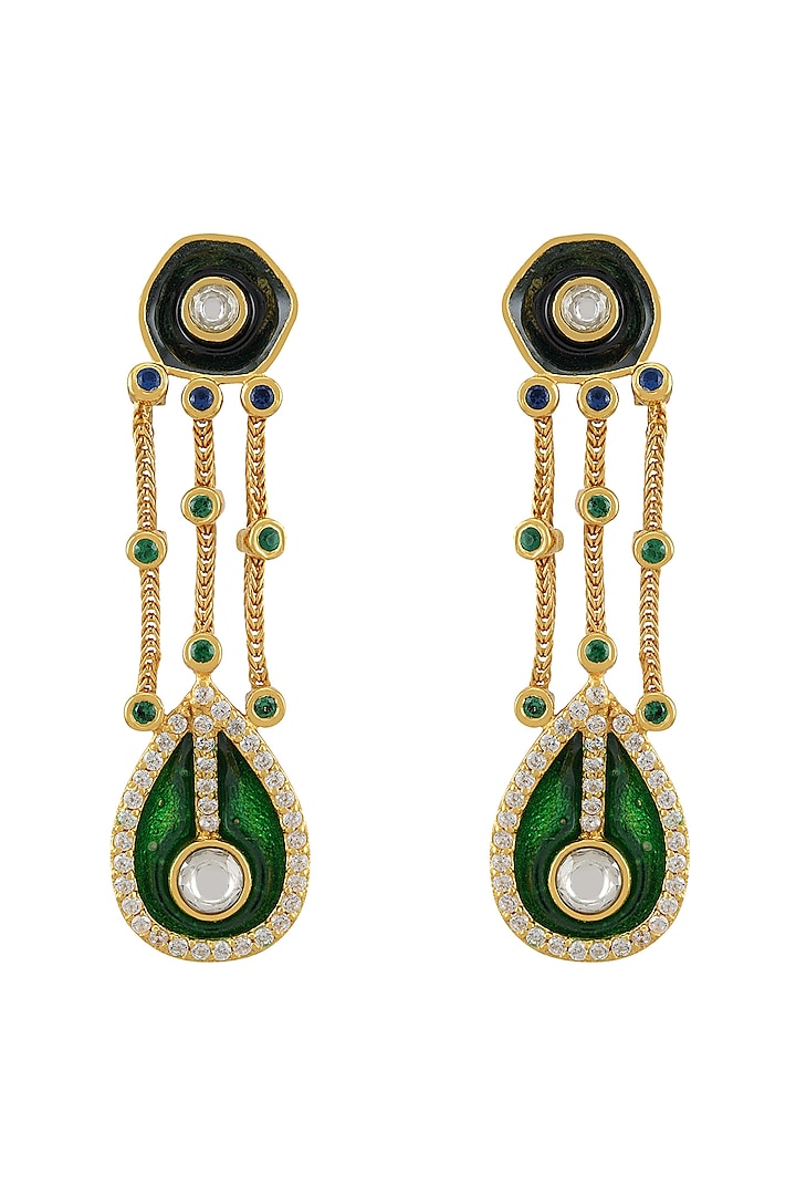 Gold Finish Green Enameled Earrings In Sterling Silver by Tribe Amrapali