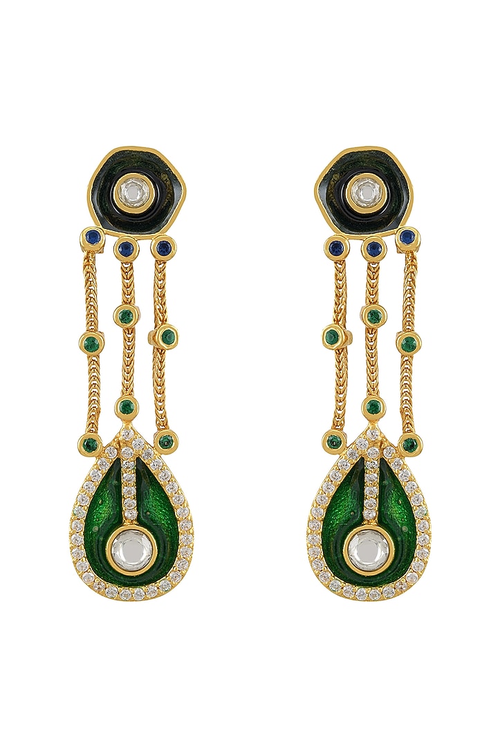 Gold Finish Green Enameled Earrings In Sterling Silver by Tribe Amrapali at Pernia's Pop Up Shop