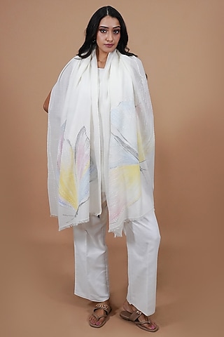 Ivory Pashmina Hand Painted & Hand Embroidered Stole by TAMBOUR