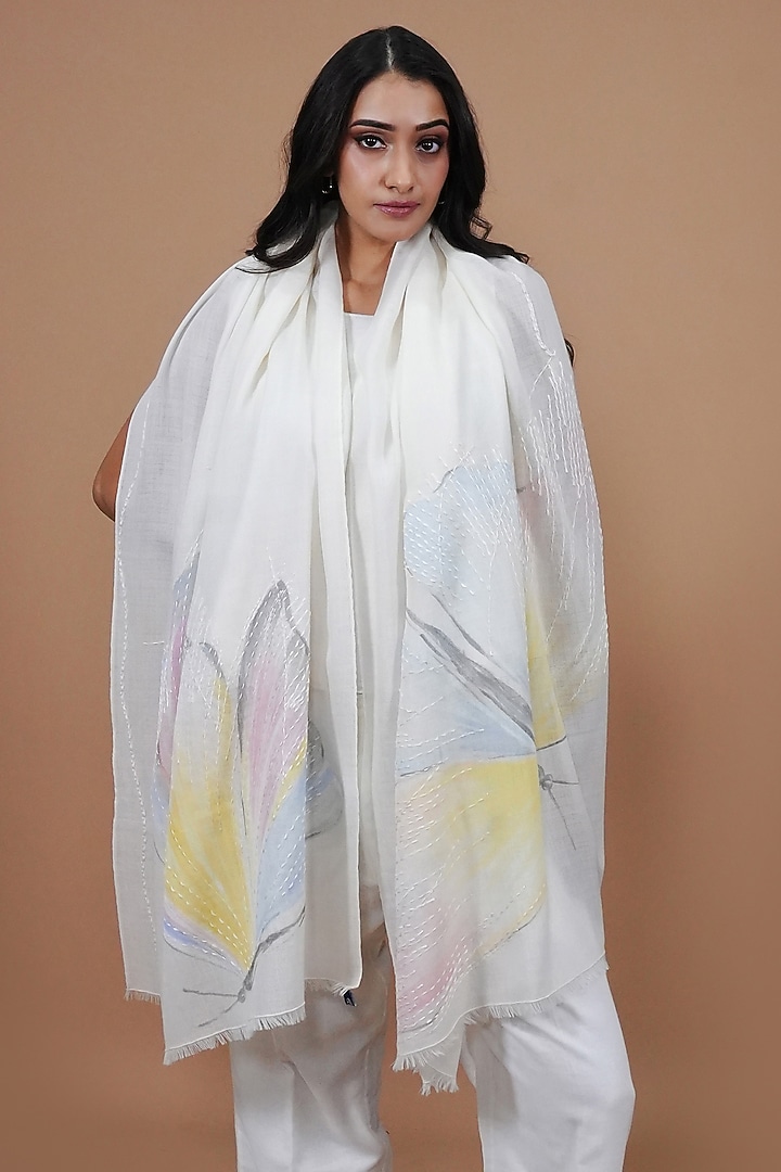 Ivory Pashmina Hand Painted & Hand Embroidered Stole by TAMBOUR at Pernia's Pop Up Shop