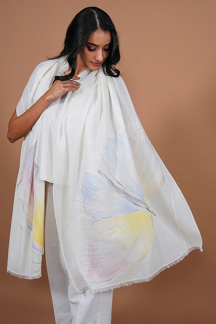 Ivory Pashmina Hand Painted & Hand Embroidered Stole by TAMBOUR at Pernia's Pop Up Shop
