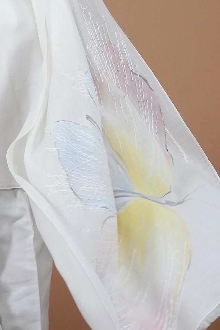 Ivory Pashmina Hand Painted & Hand Embroidered Stole by TAMBOUR at Pernia's Pop Up Shop