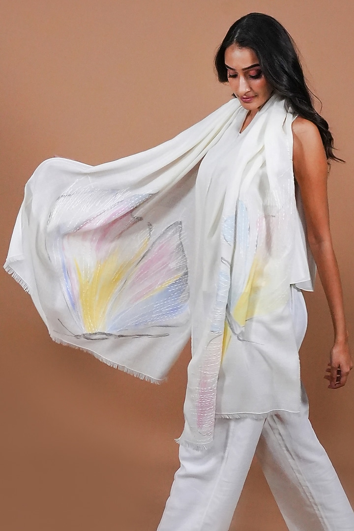Ivory Pashmina Hand Painted & Hand Embroidered Stole by TAMBOUR at Pernia's Pop Up Shop