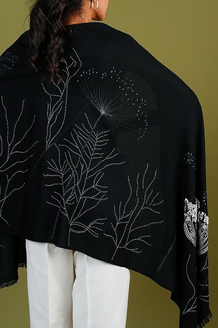 Black Pashmina Hand Painted & Hand Embroidered Stole by TAMBOUR at Pernia's Pop Up Shop
