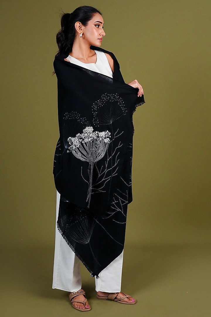 Black Pashmina Hand Painted & Hand Embroidered Stole by TAMBOUR at Pernia's Pop Up Shop