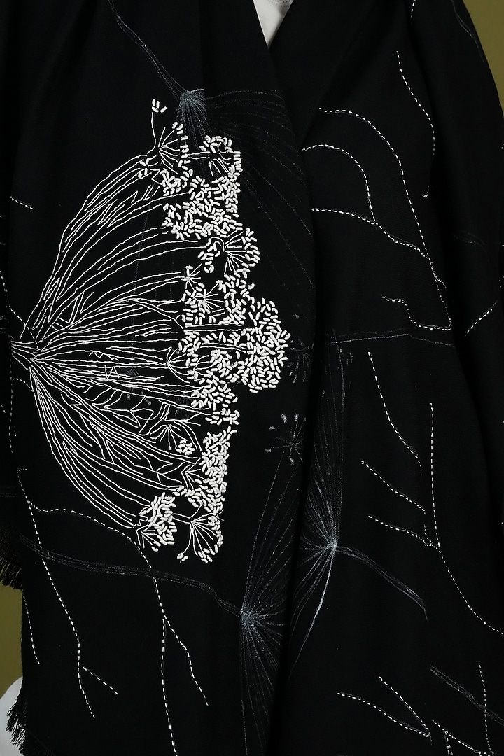 Black Pashmina Hand Painted & Hand Embroidered Stole by TAMBOUR at Pernia's Pop Up Shop