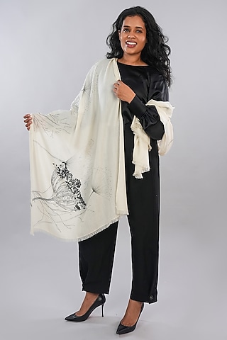 Ivory Pashmina Hand Painted & Hand Embroidered Stole by TAMBOUR