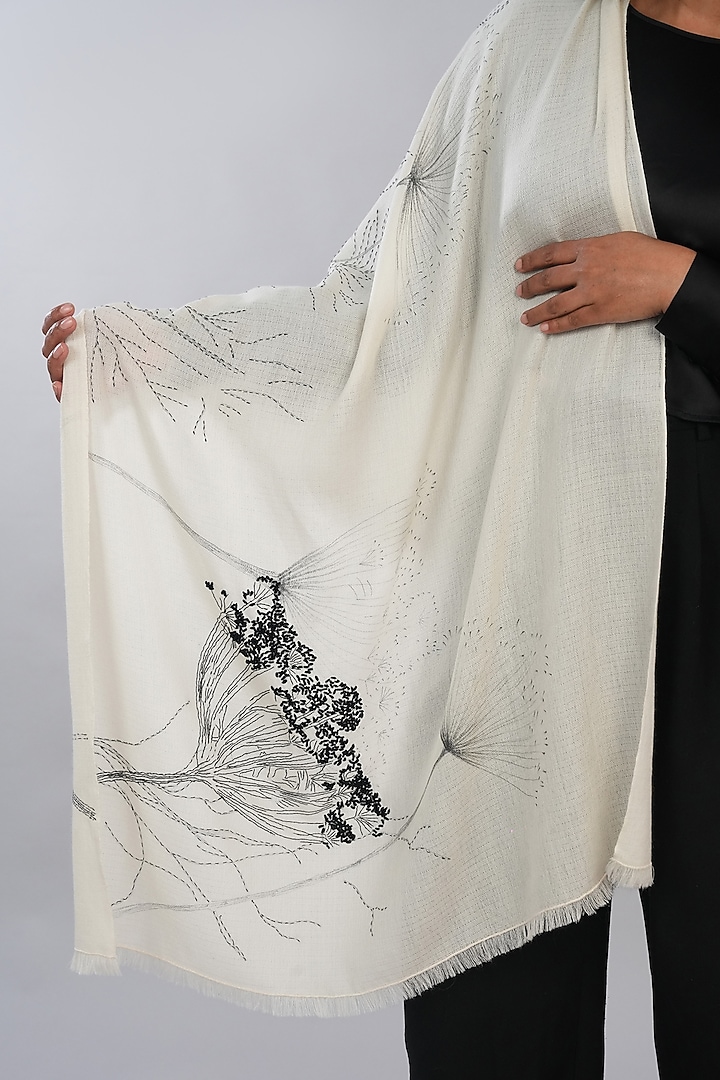 Ivory Pashmina Hand Painted & Hand Embroidered Stole by TAMBOUR at Pernia's Pop Up Shop