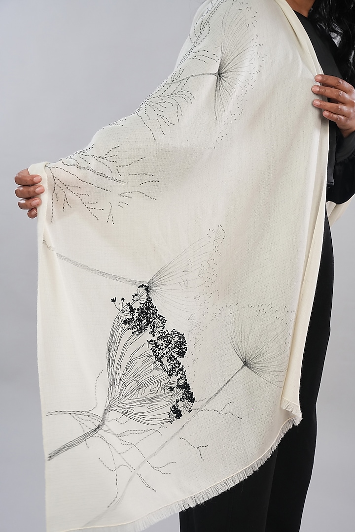 Ivory Pashmina Hand Painted & Hand Embroidered Stole by TAMBOUR at Pernia's Pop Up Shop