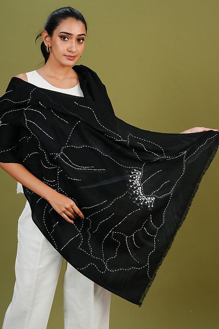 Black Pashmina Hand Painted & Hand Embroidered Stole by TAMBOUR at Pernia's Pop Up Shop