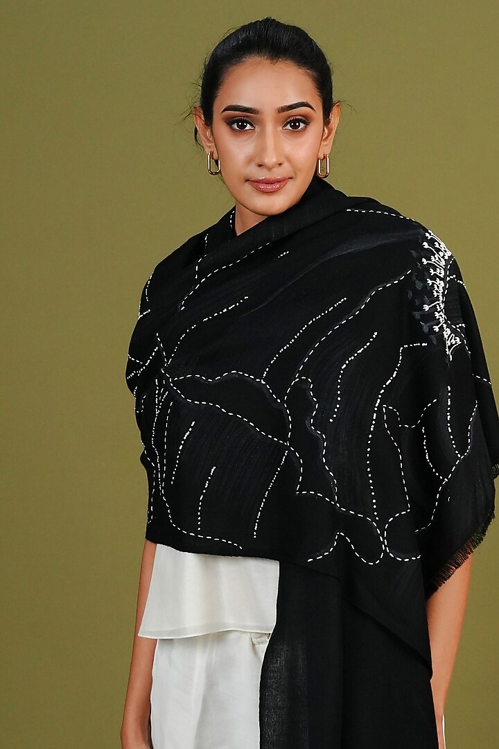 Black Pashmina Hand Painted & Hand Embroidered Stole by TAMBOUR at Pernia's Pop Up Shop