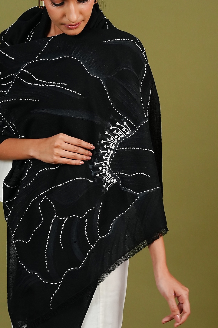 Black Pashmina Hand Painted & Hand Embroidered Stole by TAMBOUR at Pernia's Pop Up Shop