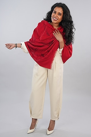 Red Pashmina Hand Painted & Hand Embroidered Stole by TAMBOUR