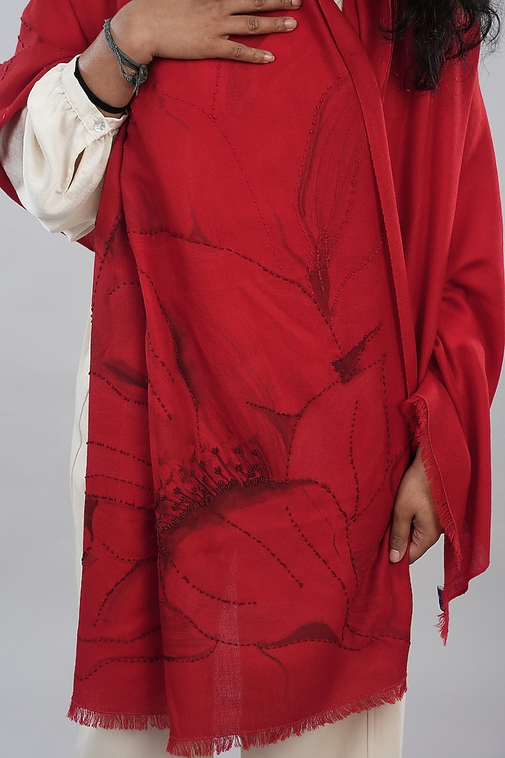Red Pashmina Hand Painted & Hand Embroidered Stole by TAMBOUR at Pernia's Pop Up Shop