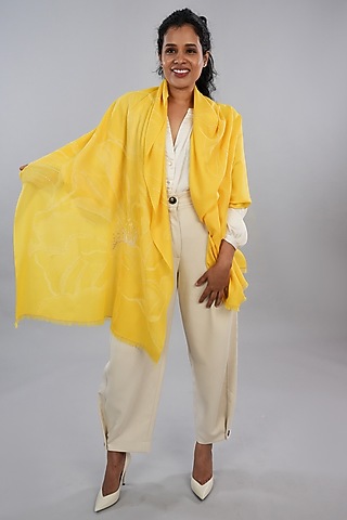 Yellow Pashmina Hand Painted & Hand Embroidered Stole by TAMBOUR